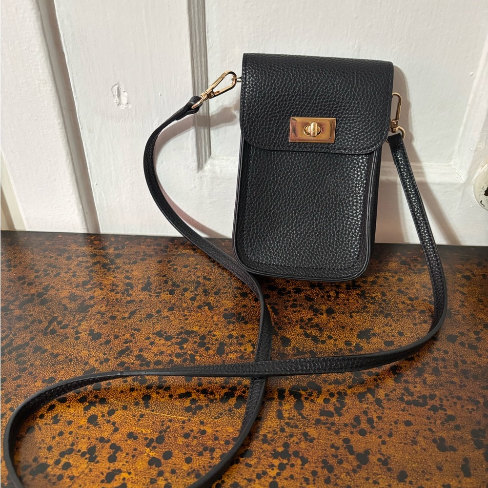 Black Pebbled Leather Crossbody Phone Bag